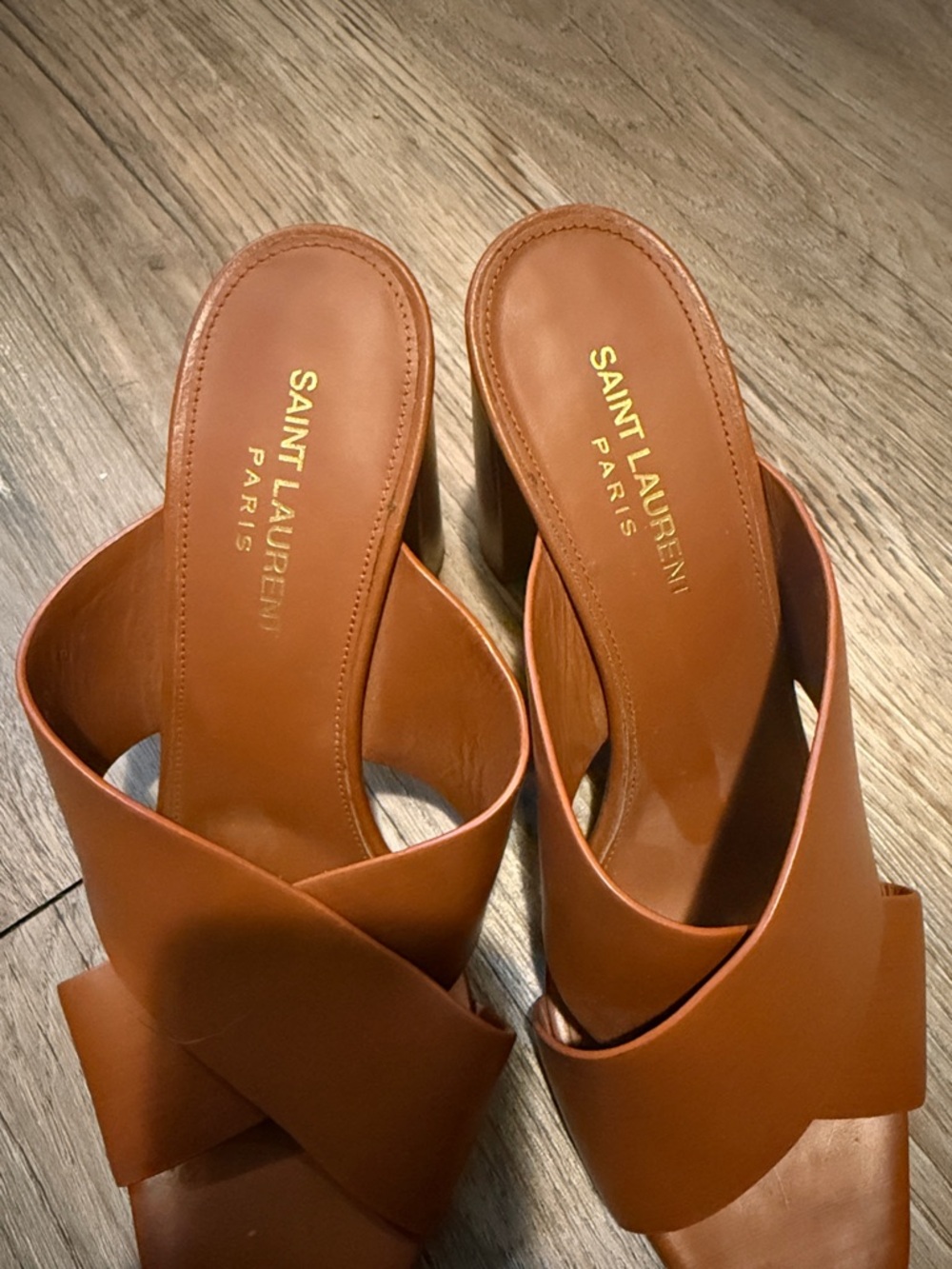 Saint Laurent Cognac Leather Crisscross Block Heel Mules - Picture 2 of 4